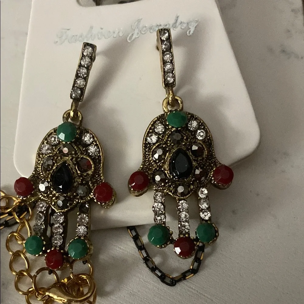 Gold and Red Hamsa Earrings with Necklace